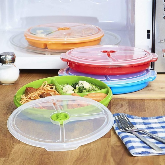 2 Pk Microwave Food Storage Containers 3 Section Divided Plates With Vented Lids - Picture 5 of 5